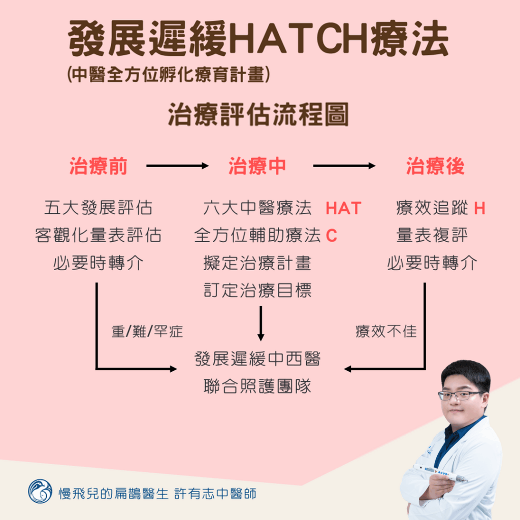 發展遲緩中醫HATCH療法(中醫全方位孵化療育計畫)治療評估流程圖